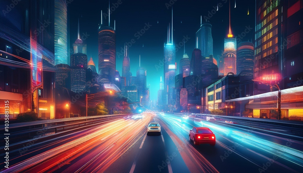 Obraz premium night cityscape with glowing traffic signals and cars