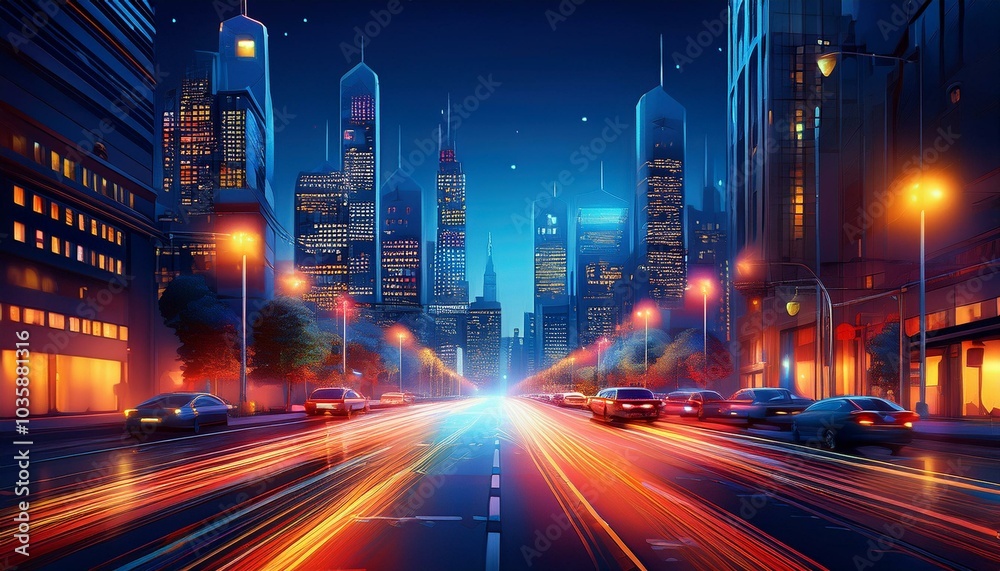 night cityscape with glowing traffic signals and cars night cityscape with glowing traffic signals and cars