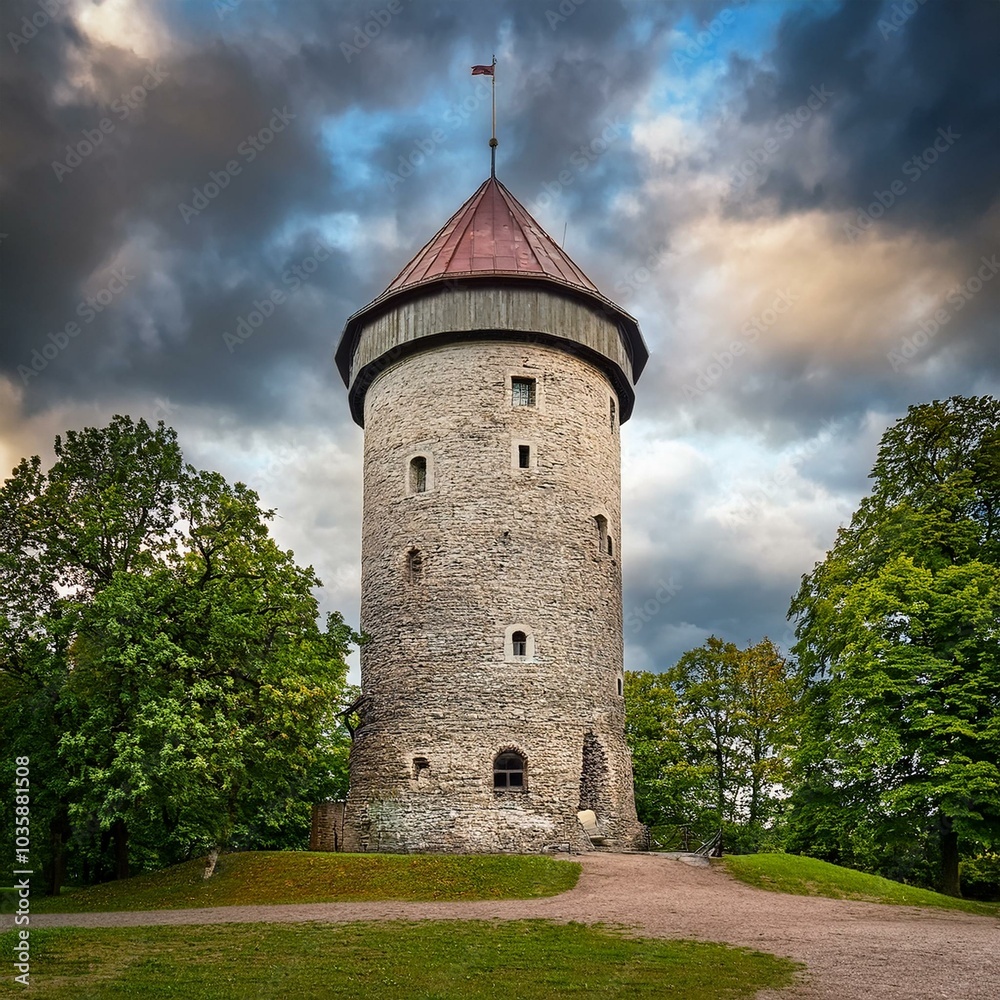 old observatory tower in the glen park tallinn estonia against dramatic sky old observatory tower in the glen park tallinn estonia against dramatic sky