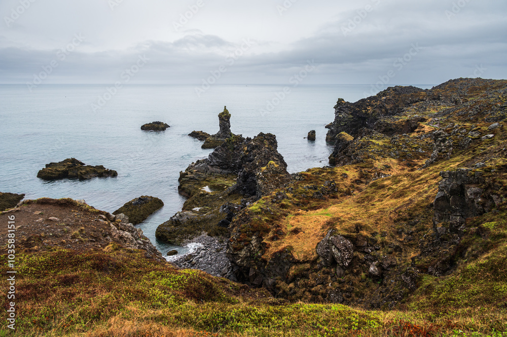 views of the cliffs surrounding the village of Arnarstapi during a rainy day on the Snaefellnes Peninsula, Iceland views of the cliffs surrounding the village of Arnarstapi during a rainy day on the Snaefellnes Peninsula, Iceland