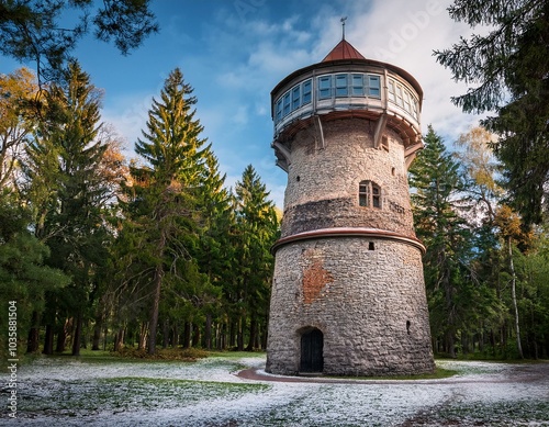 old observatory tower in the glen park in fir forest tallinn estonia