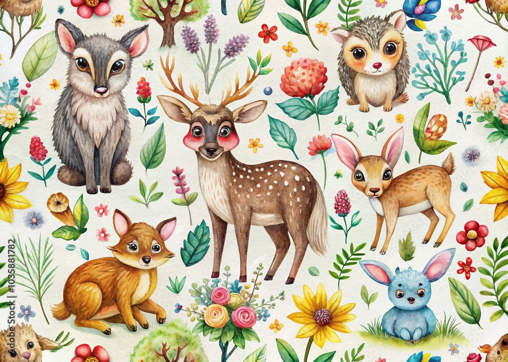 Naklejka premium Woodland Animals Watercolor Pattern for Kids' Fabric and Textile Design
