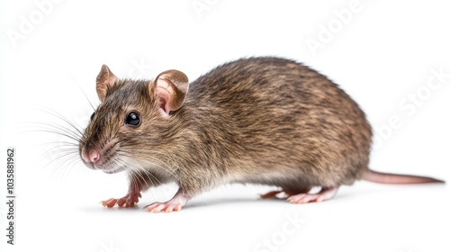 A brown rat with a long tail and large ears stands on a white background, looking directly at the camera.