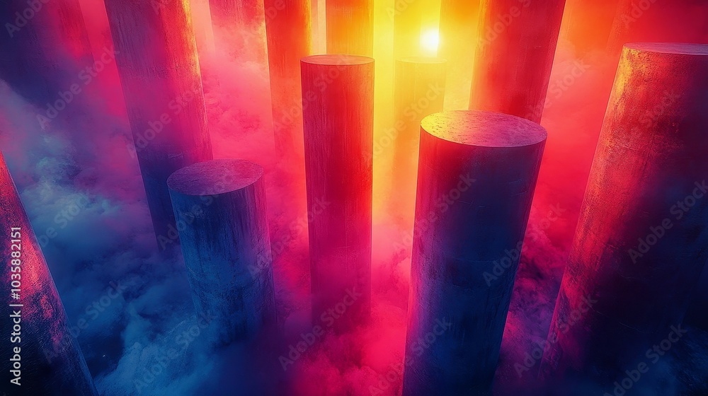 Fototapeta premium Vibrant Abstract Pillars in Ethereal Fog at Sunset