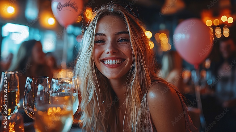 Happy Woman Celebrating with Friends at a Party with Balloons and Drinks Happy Woman Celebrating with Friends at a Party with Balloons and Drinks