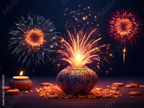 Beautiful arrangement of fireworks lighting up the night sky with decorative earthen lamps Diya in the foreground, a symbol of traditional festive celebrations and cultural heritage
