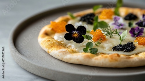 Gourmet Floral Pizza with Edible Flowers and Black Caviar on Elegant Grey Plate photo