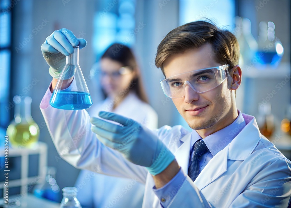 Be precise. Young promising attractive intern carrying a glassware where she putting a drop of chemicals while posing in the lab Be precise. Young promising attractive intern carrying a glassware where she putting a drop of chemicals while posing in the lab