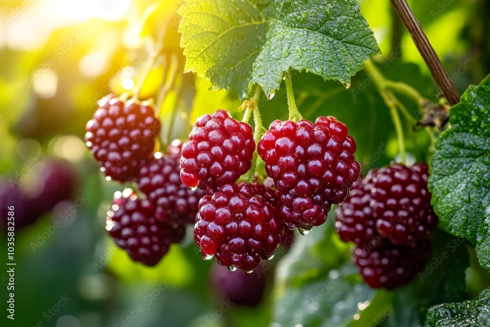 A dense cluster of ripe Wineberries on a vine, glowing in the sunlight with dew drops on them A dense cluster of ripe Wineberries on a vine, glowing in the sunlight with dew drops on them