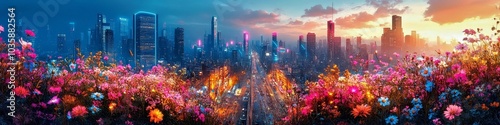 Vibrant Cityscape with Colorful Flowers at Sunset