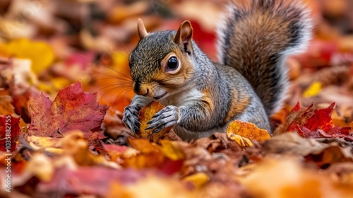 Close-up of a squirrel (Sciurus vulgaris) grazing in a colorful fall woodland. The scene perfectly depicts the animal's surroundings' vibrant fall foliage colors. 