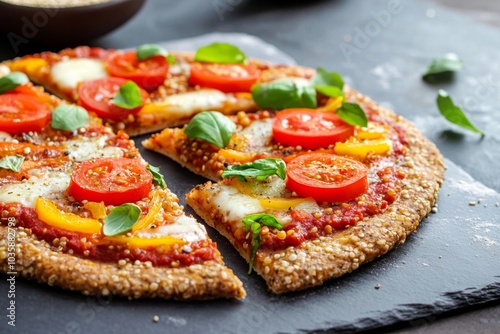 Vibrant Quinoa Crust Pizza Topped with Fresh Vegetables and Basil on Slate Board