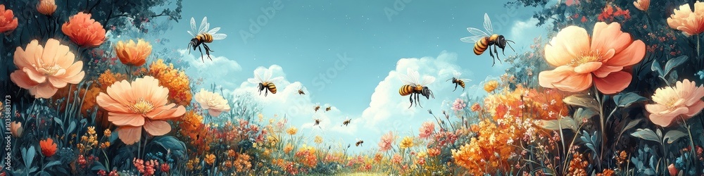 Vibrant Flower Field with Busy Bees in a Sunny Landscape