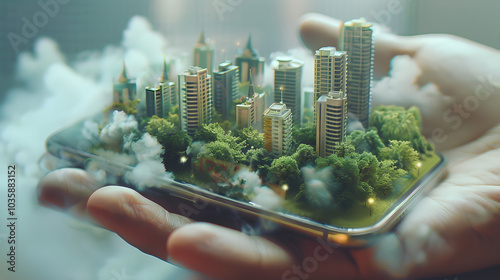 Creating a miniature cityscape on a smartphone, showcasing urban innovation and technology photo