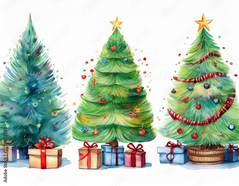 set from four christmas trees with gifts a watercolor illustration on a white background set from four christmas trees with gifts a watercolor illustration on a white background