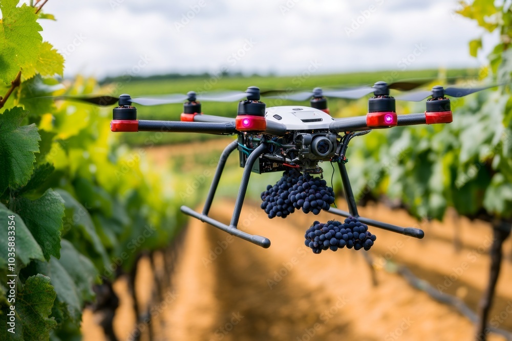 A drone harvesting Wineberries from a high-tech vineyard, automating the process A drone harvesting Wineberries from a high-tech vineyard, automating the process