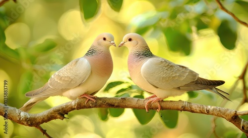 A pair of doves perched on a tree branch, showcasing nature and togetherness