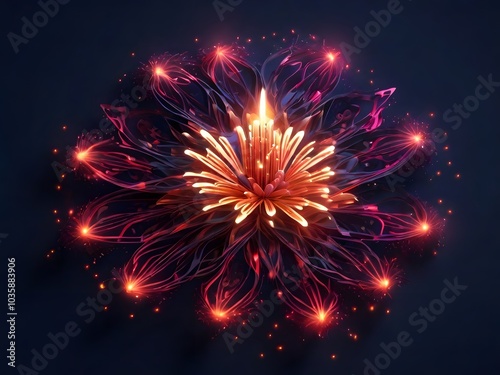 Spectacular fireworks bloom in the night sky, resembling a floral pattern, bright and colorful, adding beauty and excitement to a grand festive celebration, vibrant explosion of light