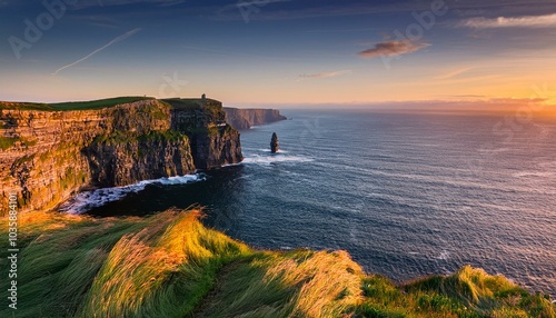 sunset at cliffs of moher county clare munster province republic of ireland europe photo