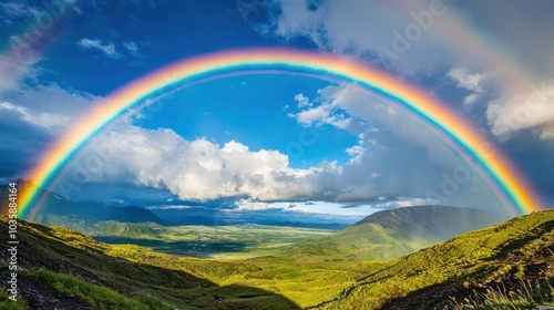 A close-up of a double rainbow over a scenic landscape, illustrating beauty and natureâ€™s wonders