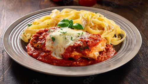 tasty homemade chicken parmesan served with fettuccine and marinara sauce