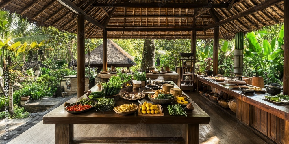 Tropical outdoor kitchen with fresh ingredients. Tropical outdoor kitchen with fresh ingredients.