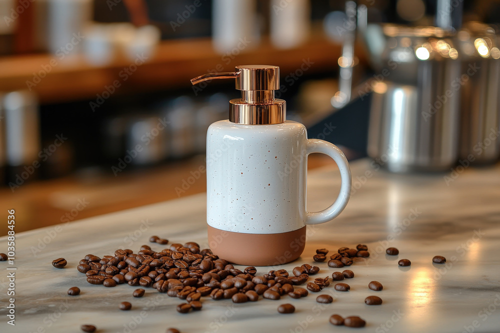 Coffee Soap Dispenser on Marble Counter Coffee Soap Dispenser on Marble Counter