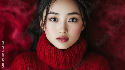 Beautiful image of a young Asian woman wearing a red sweater.