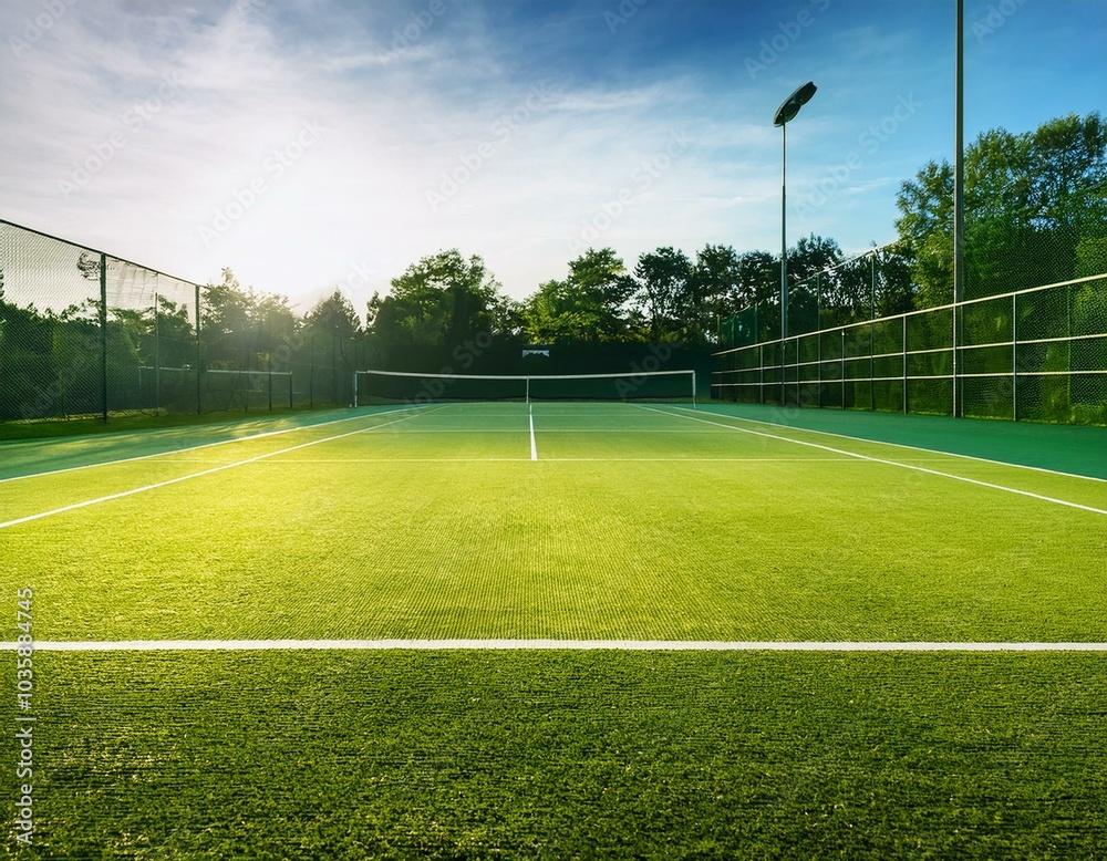 Fototapeta premium vibrant grass tennis court prepped for tournament with freshly cut grass close up