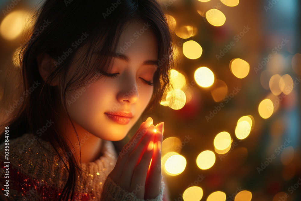 young woman praying on christmas background. ai generated