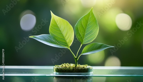 vibrant green plant with two leaves stands elegantly on clear display symbolizing growth and sustainability in natural setting blurred background enhances focus on plants freshness and vitality photo