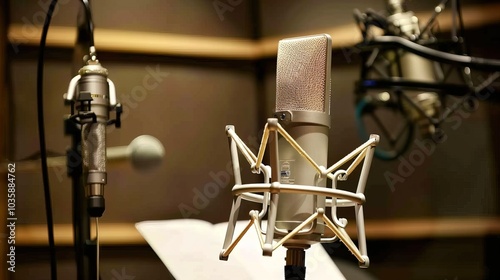 Close-up of microphone on stand in soundproof recording studio, positioned in front of script stand, symbolizing voice acting and audio production.