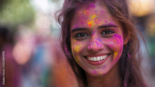 Beautiful young girl with beautiful smile covered with colorful Holi paint at Indian festival close-up generated in AI