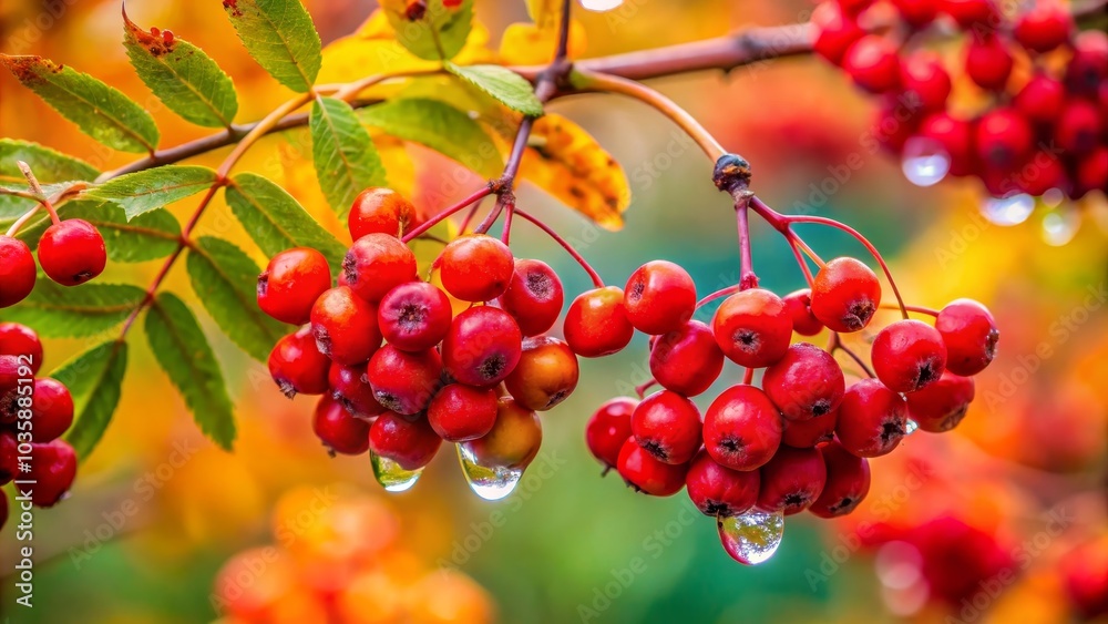 Bunches of ripe rowan berries with water drops are hanging from a branch against a blurred autumn background Bunches of ripe rowan berries with water drops are hanging from a branch against a blurred autumn background