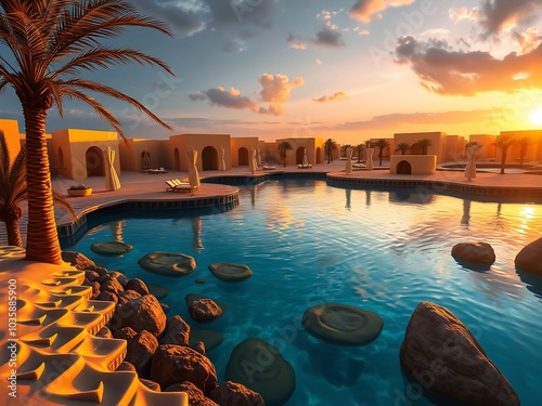 A stunning sunset casting warm golden hues over a luxurious desert resort, featuring a pristine pool surrounded by lounge chairs and palm trees