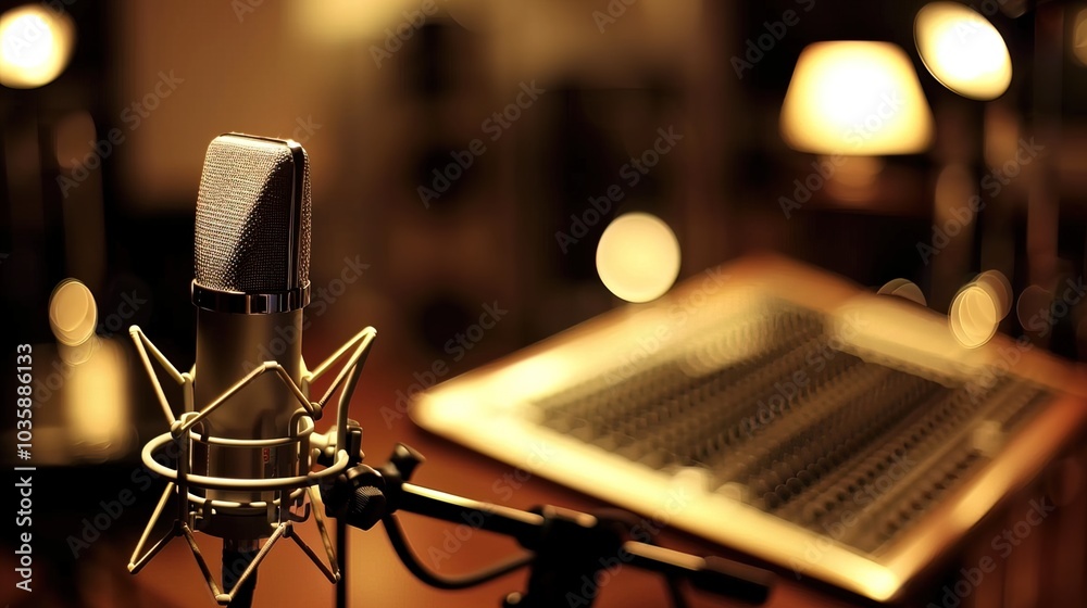 Close-up of microphone on stand in soundproof recording studio, positioned in front of script stand, symbolizing voice acting and audio production. Close-up of microphone on stand in soundproof recording studio, positioned in front of script stand, symbolizing voice acting and audio production.