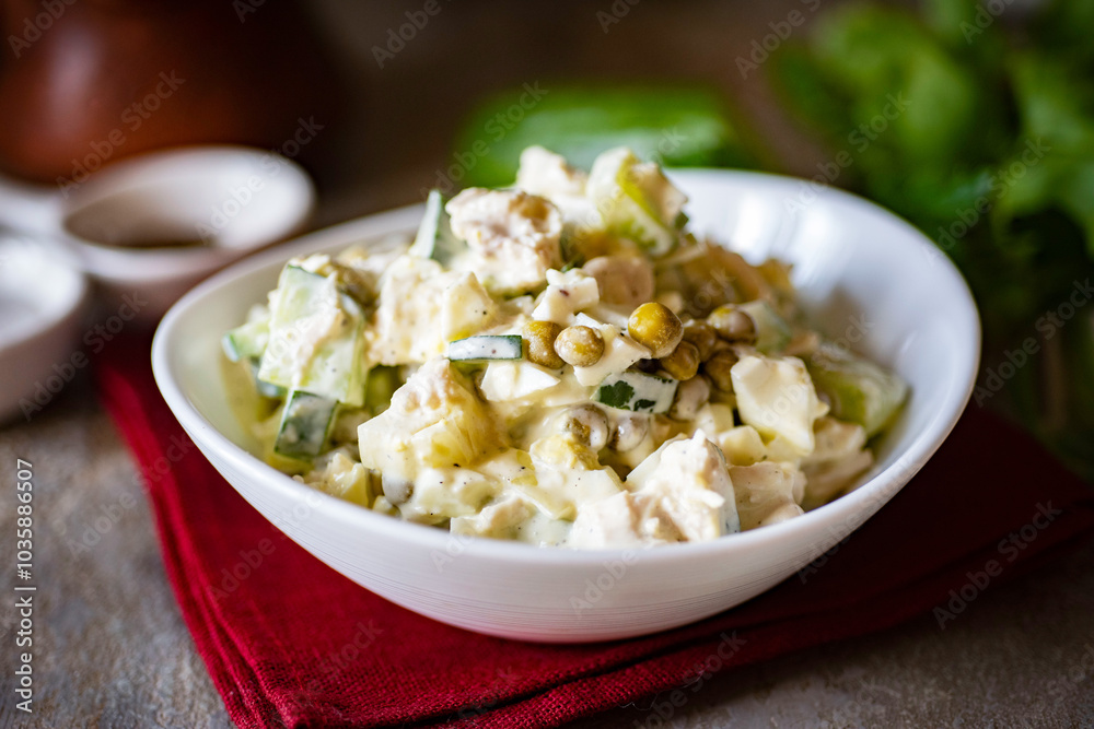 Breakfast for the whole family: salad with peas, chicken, cucumbers, chicken eggs and mayonnaise. Festive salad in a white plate. Close-up. Breakfast for the whole family: salad with peas, chicken, cucumbers, chicken eggs and mayonnaise. Festive salad in a white plate. Close-up.