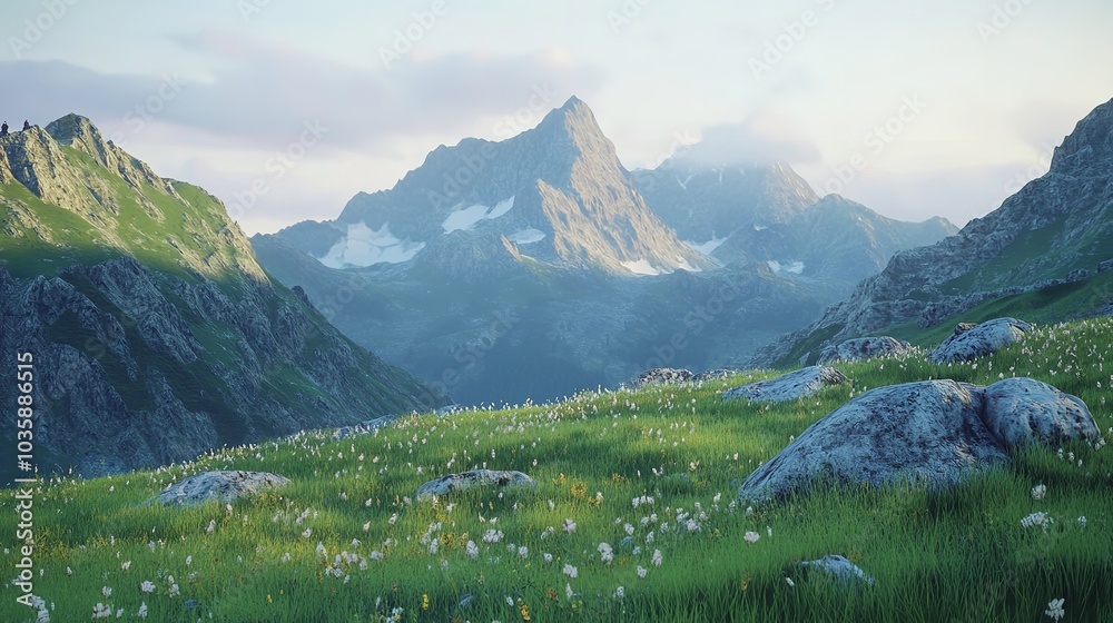 Obraz premium High-angle view of verdant mountains and rocky landscape with a clear blue sky and notable peak