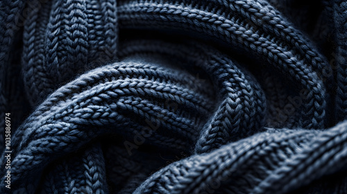 A close up of a knitted sweater with a dark blue color. The sweater is made of wool and has a very thick texture. Concept of warmth and comfort, as the sweater is likely to be worn during cold weather