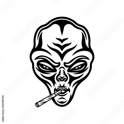 Stoned alien head with marijuana spliff in mouth vector illustration in vintage monochrome style isolated on white background photo