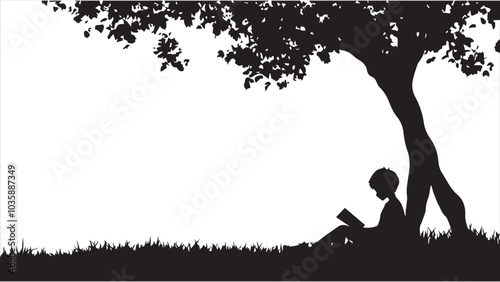 A boy reading under a tree, his shadow forming an outline of him and his book on the ground. white background.

