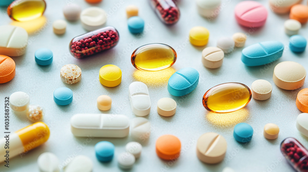 Multicolored medicines and tablets lie on a white background generate in AI Multicolored medicines and tablets lie on a white background generate in AI