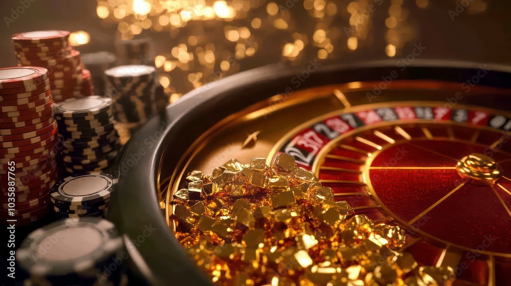 A close-up of a roulette wheel with gold nuggets and chips in the foreground. A close-up of a roulette wheel with gold nuggets and chips in the foreground.
