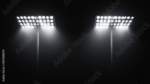 Two stadium floodlights shining brightly against a dark night sky. photo