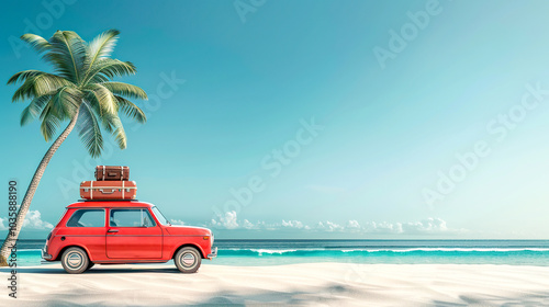 Retro red car with luggage on beach under palm on summer sunny day. Summertime vacation, road trip concept. Copy space