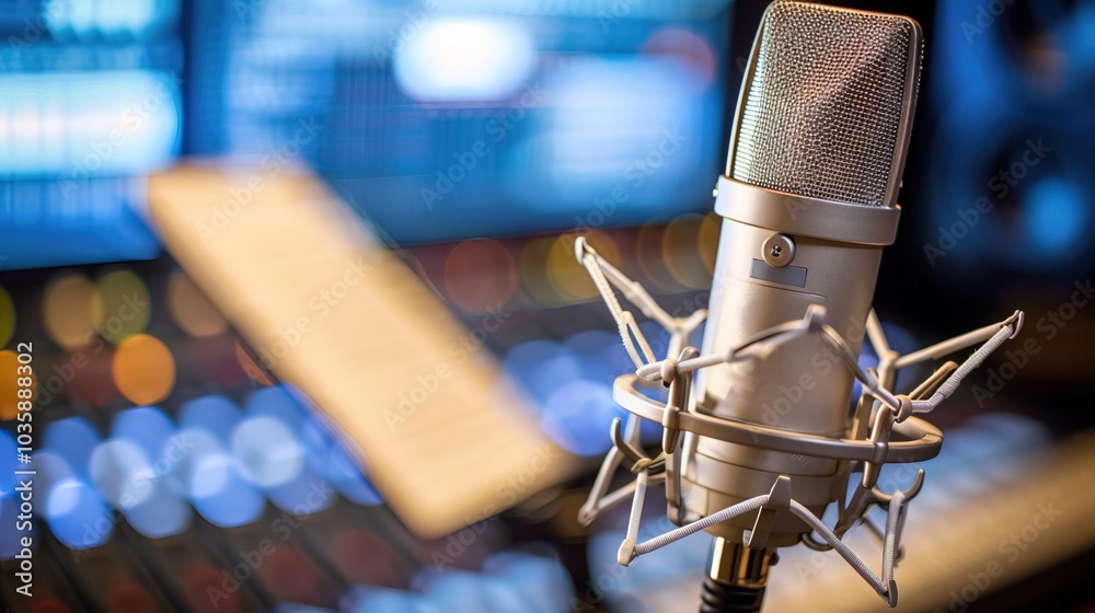 Close-up of microphone on stand in soundproof recording studio, positioned in front of script stand, symbolizing voice acting and audio production. Close-up of microphone on stand in soundproof recording studio, positioned in front of script stand, symbolizing voice acting and audio production.