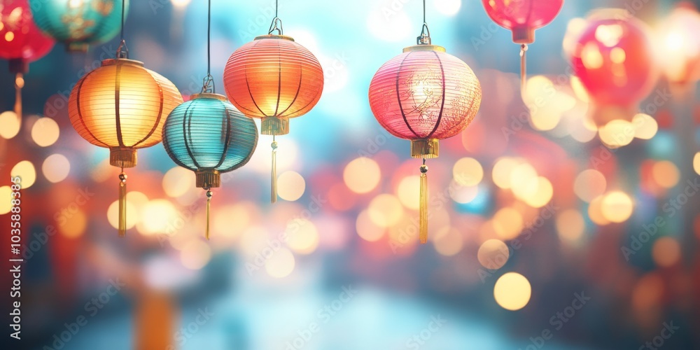 Chinese New Year's Lanterns Hanging On The Street, New Year Celebration, Bokeh Background With Copy Space Chinese New Year's Lanterns Hanging On The Street, New Year Celebration, Bokeh Background With Copy Space