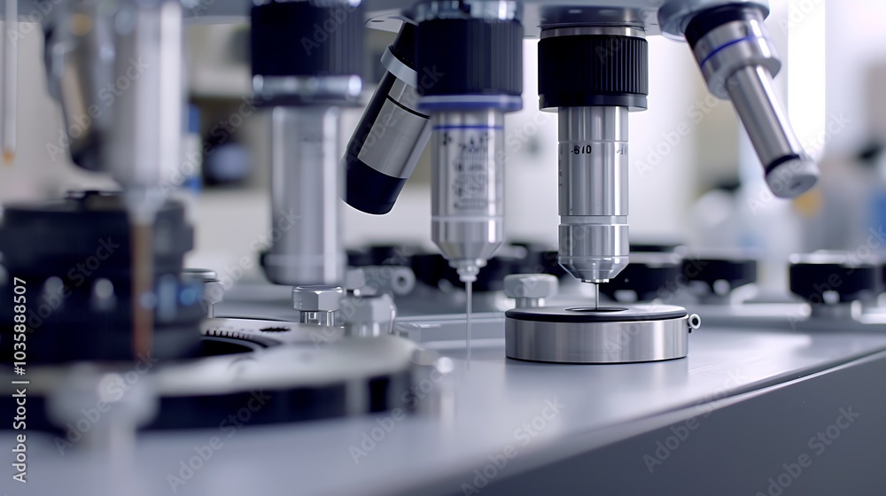 High-definition macro shot of precision lab instruments on a clean table, highlighting sharp details and textures High-definition macro shot of precision lab instruments on a clean table, highlighting sharp details and textures