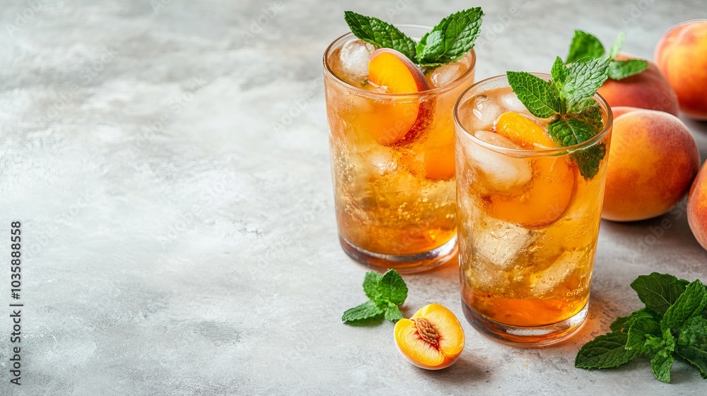 Fototapeta premium A delightful summertime beverage recipe that combines mint and apricots is ice peach tea or cocktail. A restaurant menu, a detox diet, and two glasses of peach fruit lemonade on a light table. 