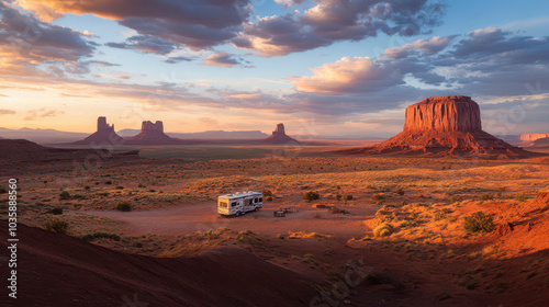 Class A Motorhome at Monument Valley: Dramatic Sunset Sky Over Red Sandstone Formations with Warm Evening Light and Luxurious Outdoor Setup. High-End Landscape Photography.